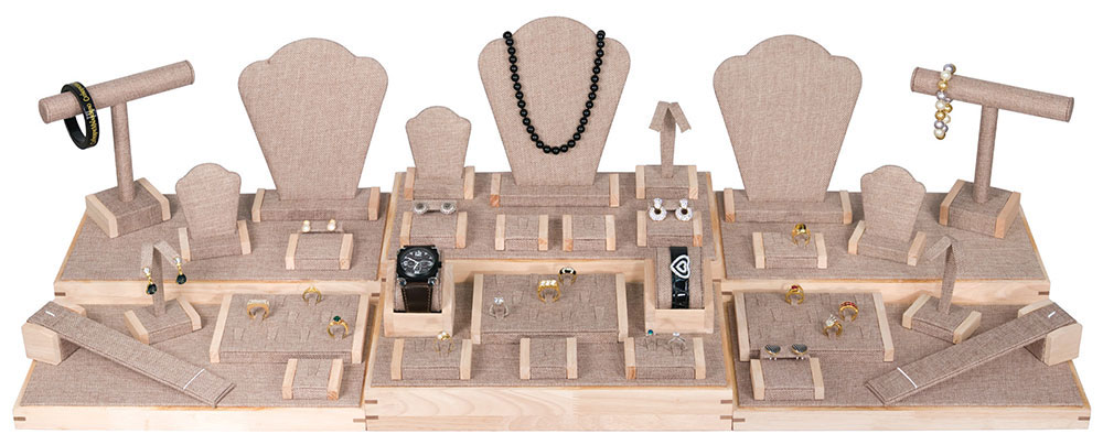 Burlap Jewelry Display Set55 with Wood Trim